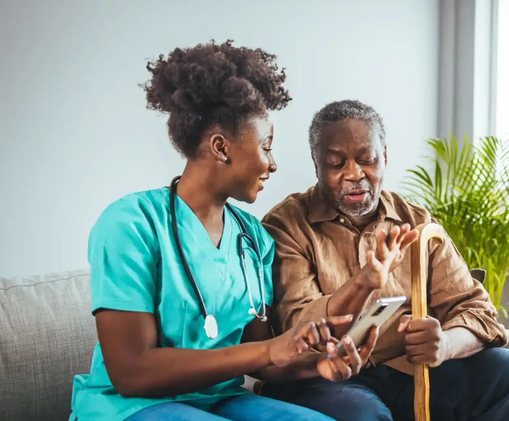 a man talks to a health care professional